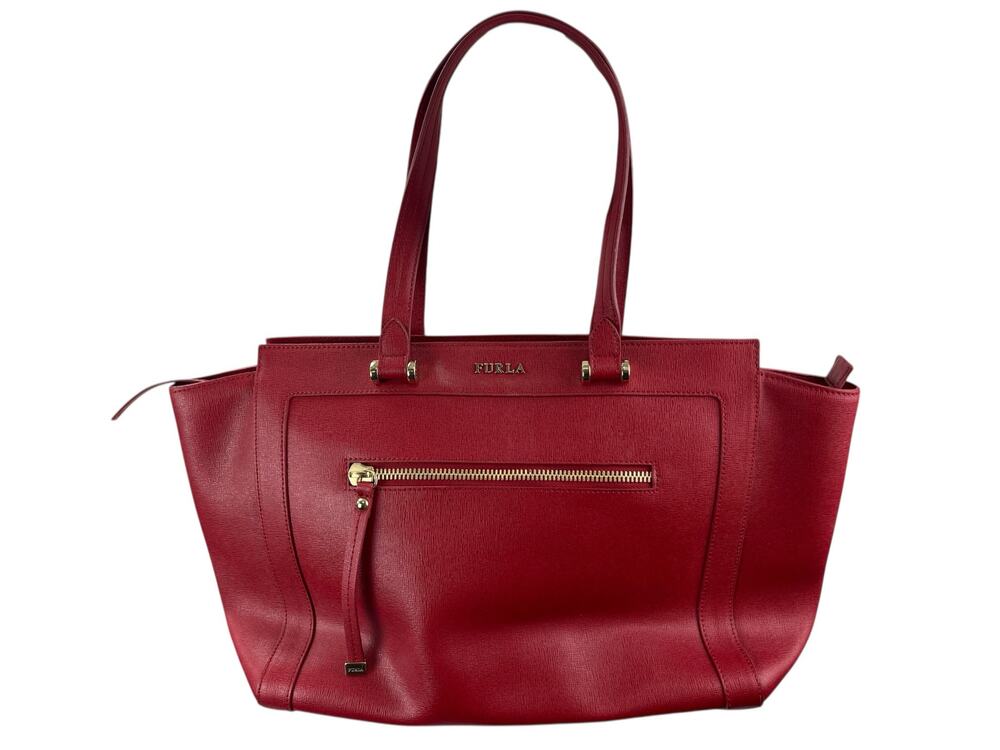 Furla Ginevra Red Gold Accent Saffiano Leather Travel Large Tote Bag Handbag